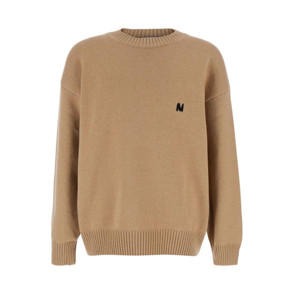 Msgm Men Beige Crew Neck Sweater With Front Logo In Wool Man